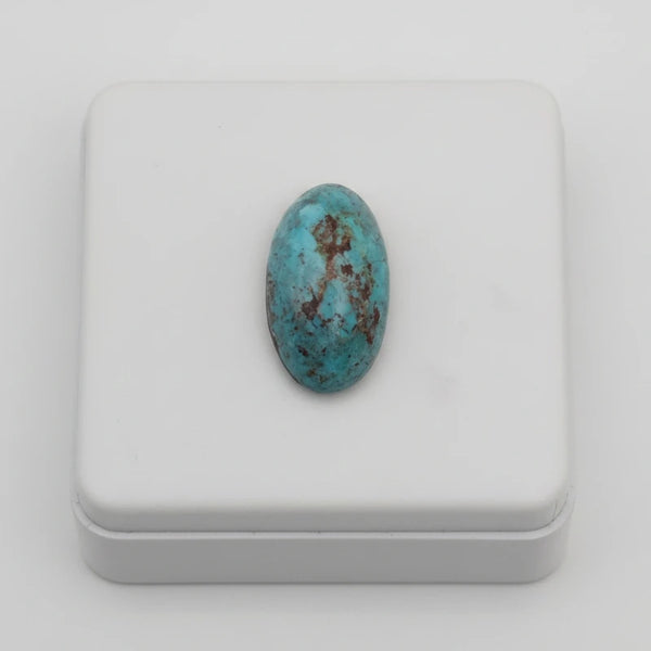 nishapur turquoise stone 37.90ct stone on a white box with a white background