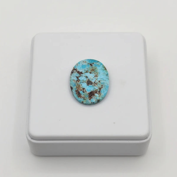 nishapur turquoise 61.00ct stone on a white box with a white background