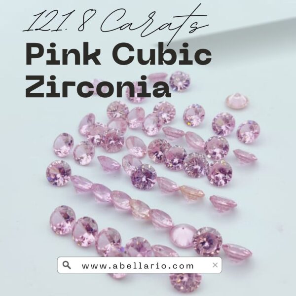 121.8 carat lot of sparkling pink cubic zirconia round cut loose gems beautifully displayed for custom jewelry design.