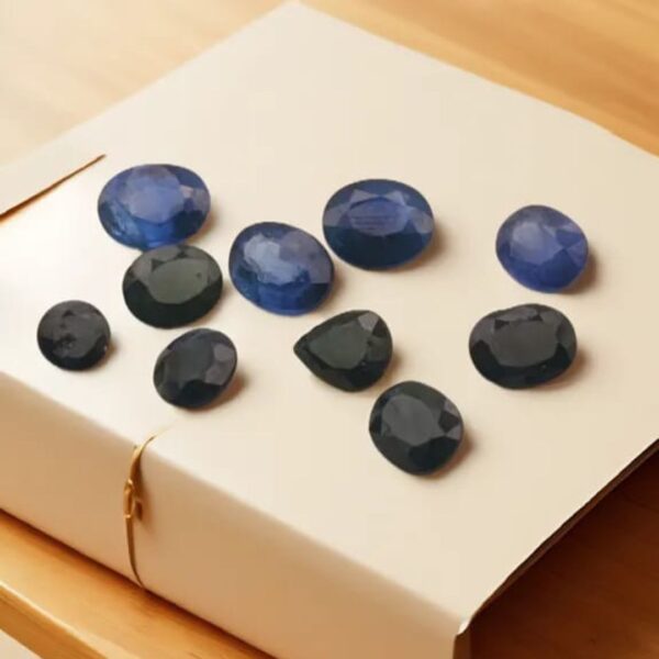 Collection of 10 natural blue sapphire gemstones totaling 17 carats, featuring oval and pear shapes with deep blue and dark tones, displayed on a white background, promoted by Abellario