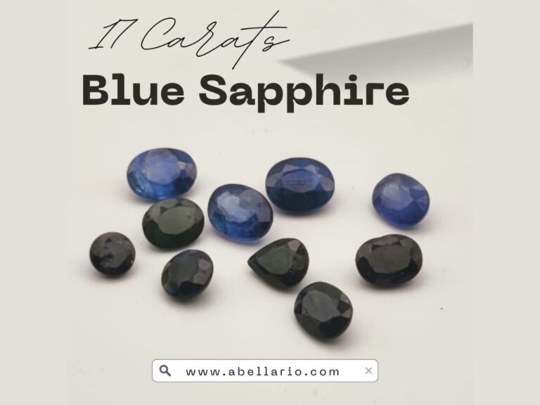 Collection of 10 natural blue sapphire gemstones totaling 17 carats, featuring oval and pear shapes with deep blue and dark tones, displayed on a white background, promoted by Abellario.