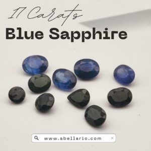 Collection of 10 natural blue sapphire gemstones totaling 17 carats, featuring oval and pear shapes with deep blue and dark tones, displayed on a white background, promoted by Abellario.