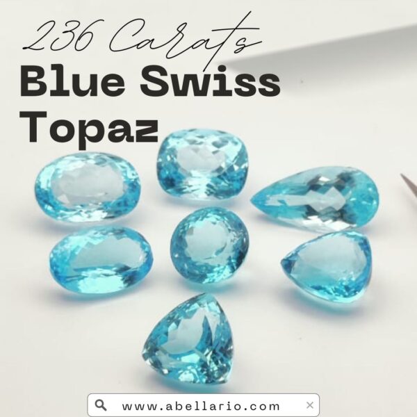 Natural Blue Swiss Topaz gemstones, 236 carats, top graded and loupe clean, Abellario